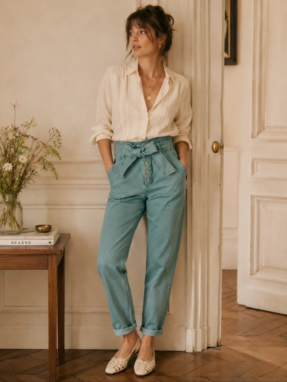 NWT SÉZANE LEANDRO MINT Denim Trousers Button Fly‎ Belted S212PAN004H Size 34